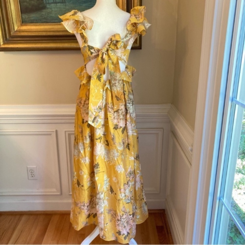 H&M Yellow Floral Ruffle Plunge Open Back Lyocell Midi Dress - Picture 9 of 15